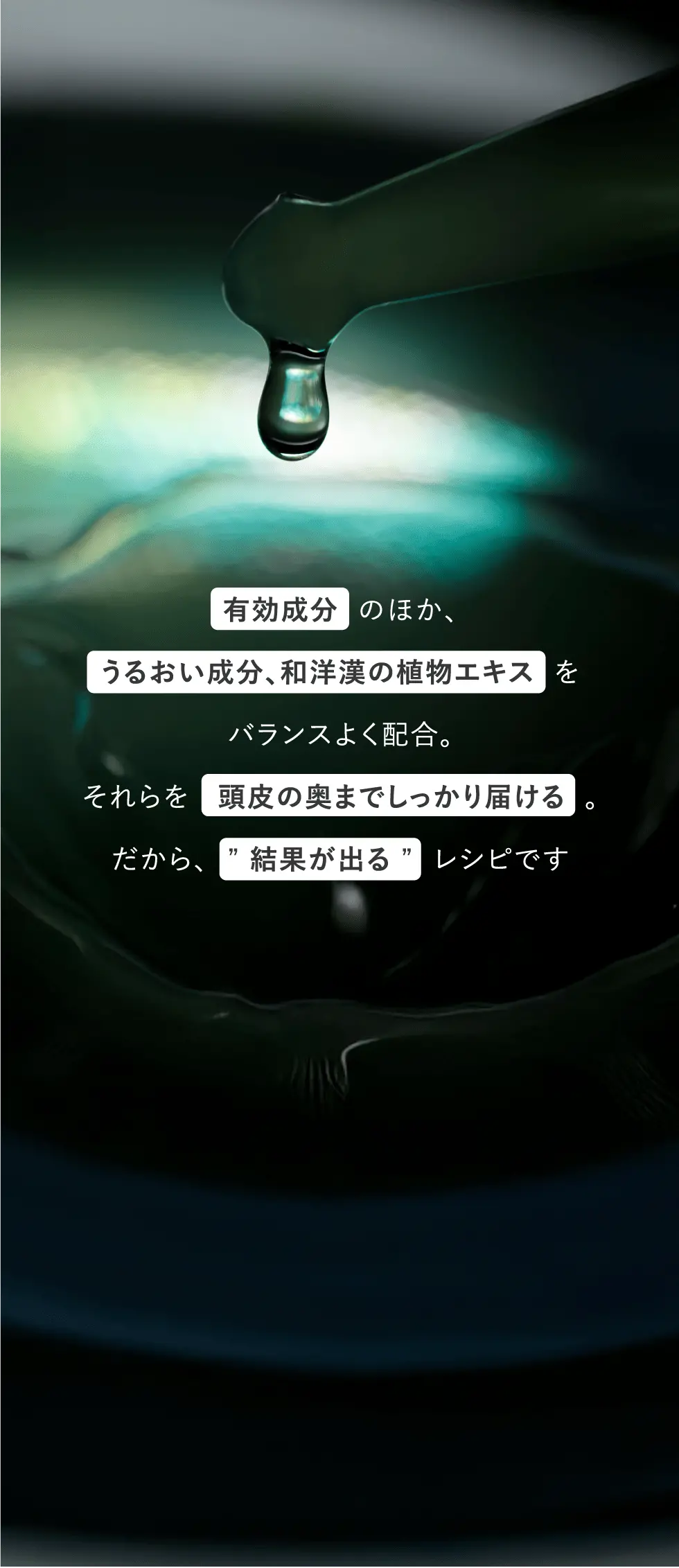 有効成分のほか、うるおい成分、和洋漢の植物エキスをバランスよく配合。それらを頭皮の奥までしっかり届ける。だから、”結果が出る”レシピです